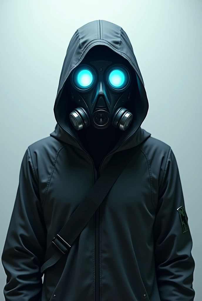 A cyberpunk-style digital illustration depicts a mysterious figure centered on a plain white background. The character wears a jacket with a hood and zipper, with the hood drawstrings visible and a diagonal strap crossing the chest from left to right. The ...