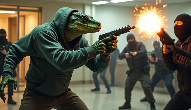 A lizard man, wearing hoodie beating terrorists in a bank