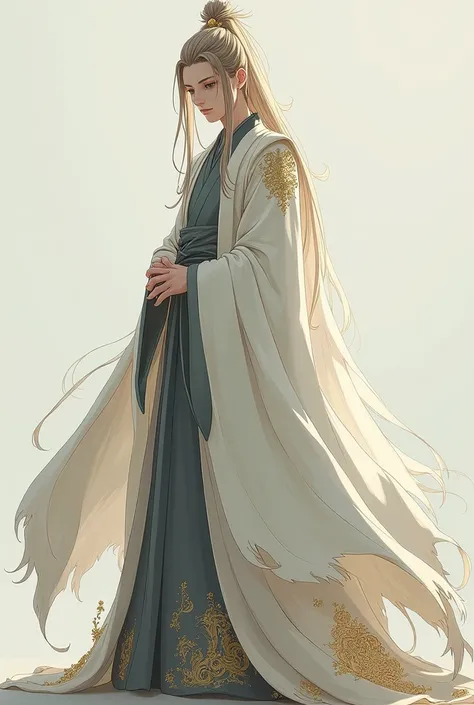 A tall man of about 2 with long light brown hair. His pale blue eyes are usually downcast., as if in respect. He wears a long white veil with spikes and flowers on the sides.. The man himself wears a white hanfu, on the hem of which are depicted drawings, ...