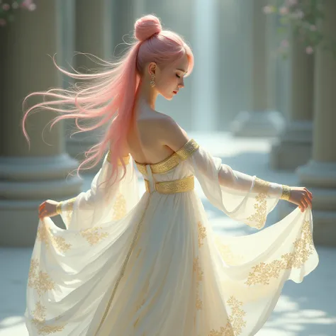 A girl with long pink hair in a bun hairstyle, she wears a long white dress, engraved in gold, and she wraps it and turns it around 