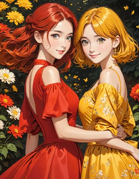 Girl with short yellow hair and girl with long red hair wearing red dress with gold, friends