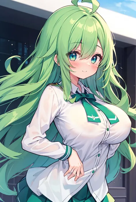 One girl, solo, High resolution, Large Breasts, Big Breasts、Green Hair, Hair covering one eye, Long Hair,Long Wavy Hair, Eyes covered, Ahoge, Blushing, happiness/joy, Droopy eyes,Red right eye,Blue left eye, Odd Eye,A dreamy look,uniform,high school girl,R...