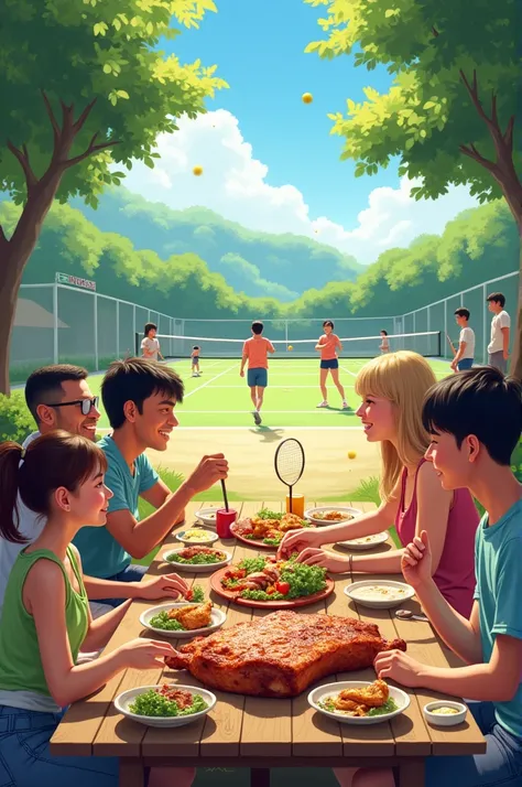 Eat grilled pork and play badminton.