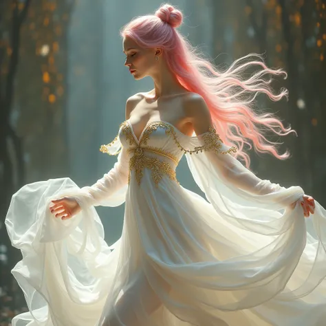 A girl with long pink hair in a bun hairstyle, she wears a long white dress, engraved in gold, and she wraps it and turns it around 