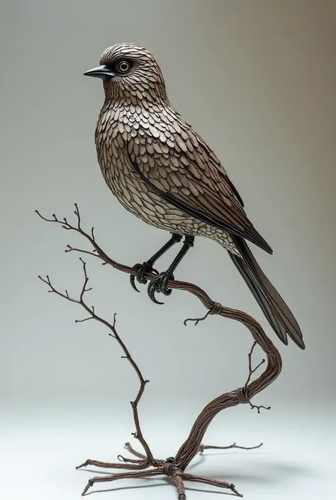 make a bird in a branch made in a metal wire with a detailed art

