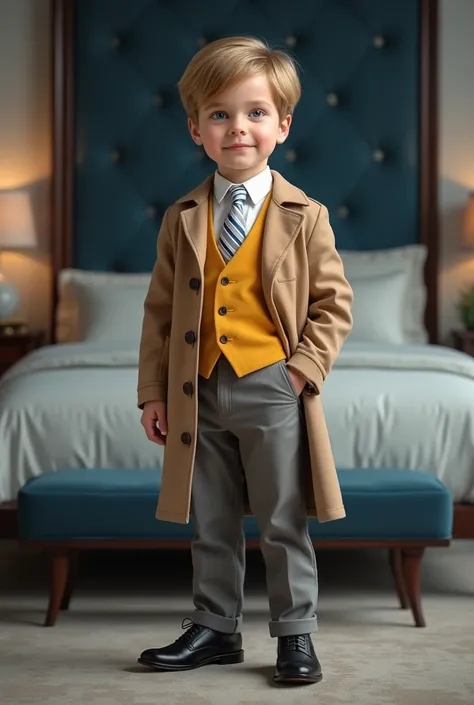 (realistic photo)  boy with blond brown hair and light brown coat, yellow vest will end , White shirt and white tie with white stripes, blues and greys., Grey pants with very good shoes (elegant) In the bedroom.