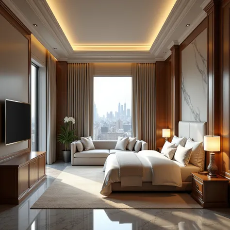 Imagine a billionaires retreat in a New York City mansion, designing a serene and luxurious bedroom oasis with top-of-the-line features.