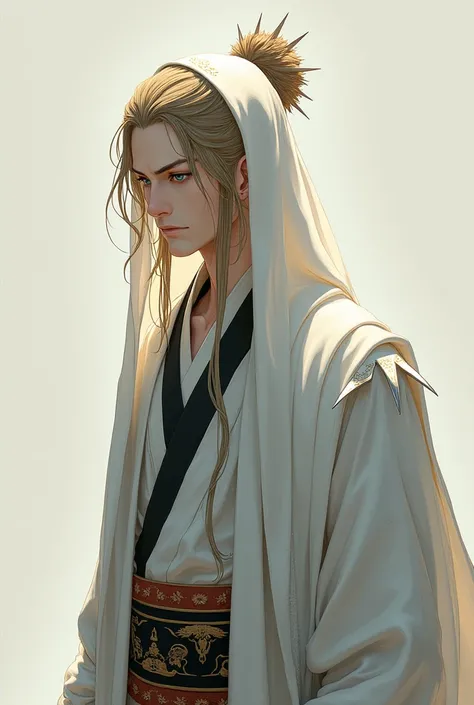 A tall man of about 2 with long light brown hair. His pale blue eyes are usually downcast., as if in respect. He wears a long white veil with spikes and flowers on the sides.. The man himself wears a white hanfu, on the hem of which are depicted drawings, ...