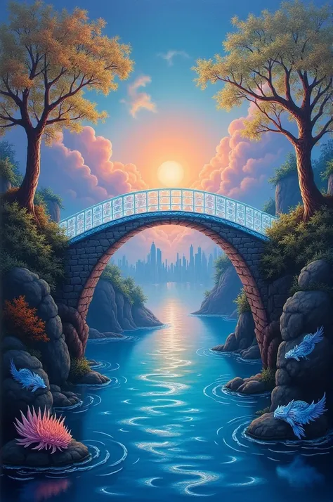 Imagine a painting in the surrealist style, called “The Bridge of Dreams”. in the center of the screen, a crystal bridge floats over a lake of liquid waters that reflect a sky that is constantly changing colors—from the light of dawn to dusk, passing throu...