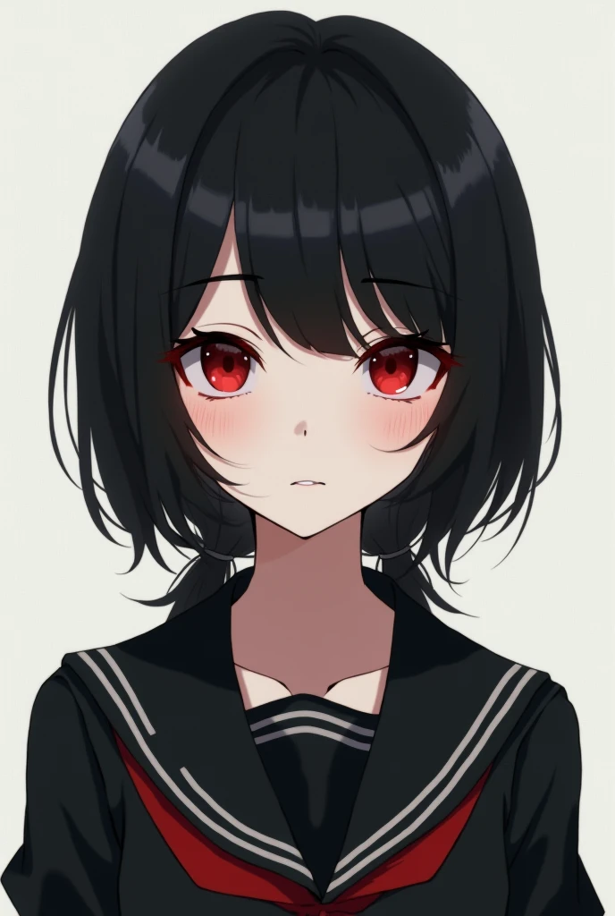 Anime,  black low pigtails , red eyes, black japanese school uniform, no bows, emo, 