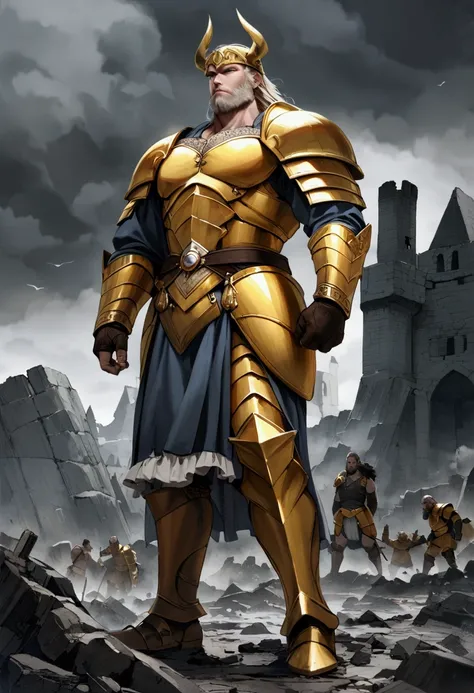 "A muscular Viking warrior, with golden armor, is standing on a battlefield strewn with rubble. Behind him, a ruined castle under a stormy sky."