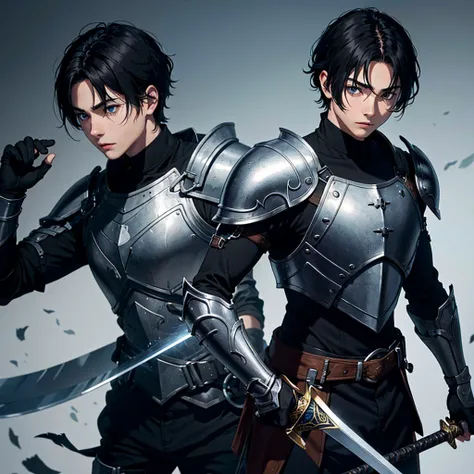 young boy, black hair, There is a scar, Put on armor, Silver,Holding a long sword