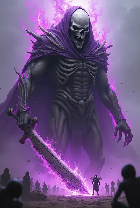 A skull-like alien, your body is covered in purple flames, He has a very strong body and holds a large sword made of bones. He is cutting off the head of another weaker alien while everyone in the background looks at him with fearful looks.. realistic and ...