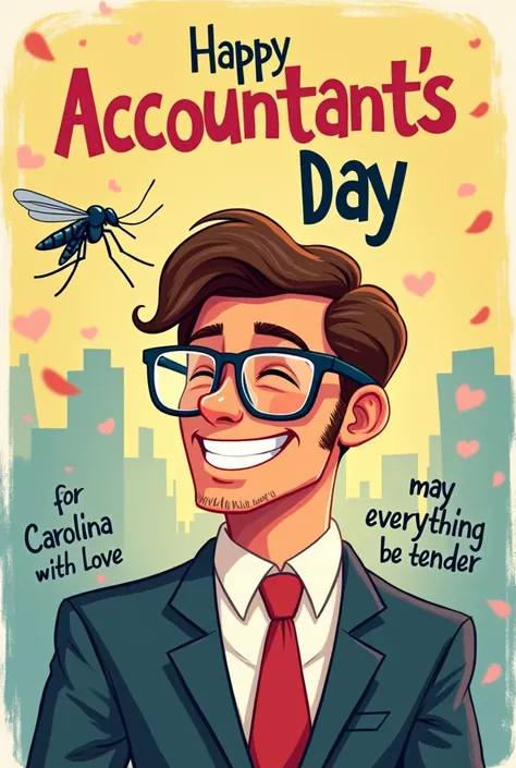 Picture for the day of the accountant, with the phrase that says happy accountant&#39;s day and in another part of the same image that says , For Carolina with love and on that image a mosquito with glasses , May everything be tender 