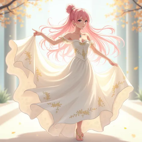 Anime girl with long pink hair in a bun wearing a long white dress with gold pattern and she is twisting and twirling it 