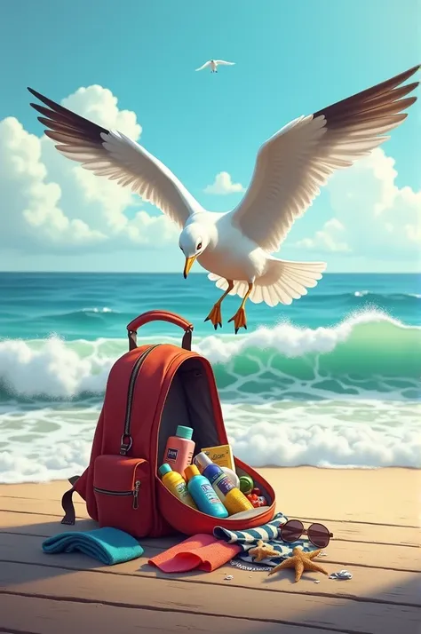 Generate a drawing that shows a seagull flying away with an open backpack by the handle and items from the vacation falling out of the backpack