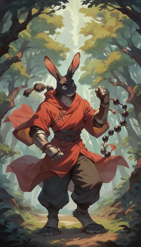 score_9, score_8_up, score_7_up, score_6_up, anthro, humanoid bunny, red robe, gauntlets, pants, monk beads, forest