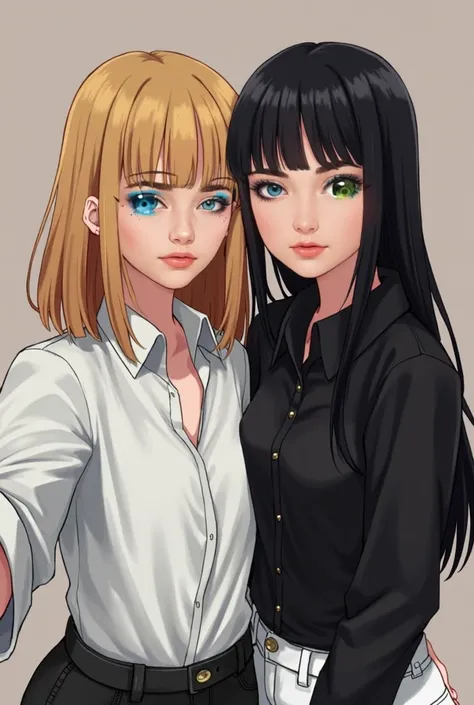 In a style photograph, two girls are standing together taking a selfie with their heads touching smiling One of them has short hair, straight blonde hair that goes down to the nape of the neck, blue eyes without bangs, and is wearing a white shirt and blac...