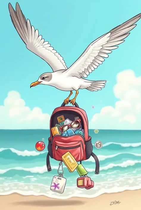 Generate a drawing that shows a seagull flying away with an open backpack on the handle. and items from the holiday fall out of the backpack