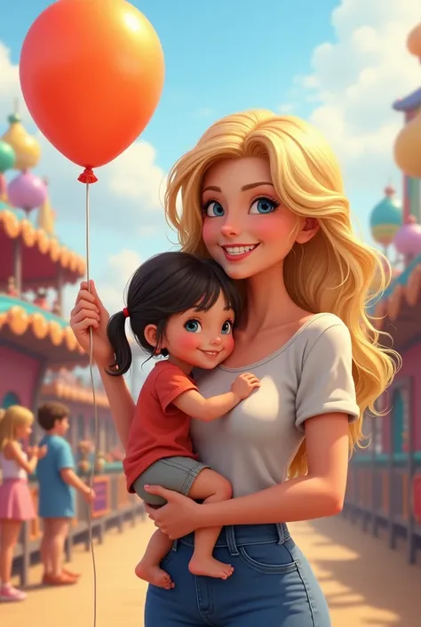 A blonde, blue-eyed woman at an amusement park with a  black-haired toddler daughter and a  blonde-haired baby daughter, smiling holding a balloon 