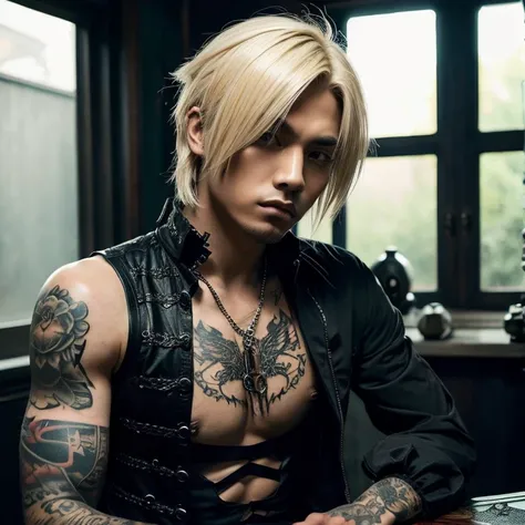 1 man, male, Japanese man, Visual Kai hairstyle, ultra detailed face and body, hyperrealistic, realistic representation, muscular, broad shoulders, tattoos gothic style, Visual Kei style, hairstyle Visual Kei,  age 35, outfit gothic streampunk, mens shirt ...