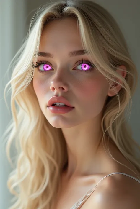 Create a realistic woman, blonde with pink eyes