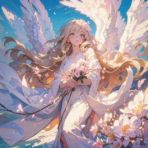 ((masterpiece)), best quality, 8k, high quality, High resolution, Super detailed, high quality，8k,Ancient Greek goddess，pink flower，White Robe，masterpiece， high quality， Soft light and shadow， a girl，blond，cloud， bright，Glittering，long hair，Angel
