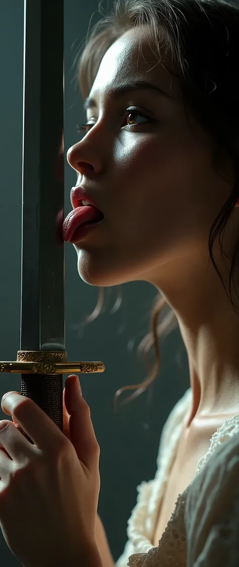 With a graceful, almost theatrical motion, she raises the sword slowly, guiding the blade up to her lips. Her eyes remain locked on the sword, a glint of mischief dancing in her gaze. As the blade reaches her lips, she extends her tongue and gently licks t...