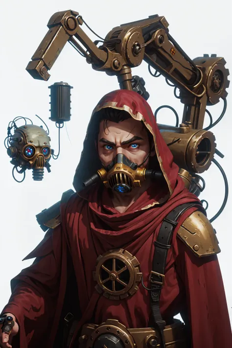 male techpriest in long red robe, gas mask, hood, backpack, mechanical arms, steampunk, hood, robe, techpriest, (mechanical eyes...