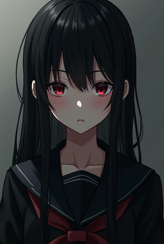 Anime,  black long low pigtails , red eyes, black japanese school uniform, no bows, emo, 
