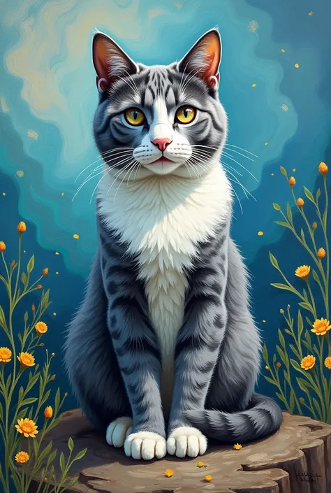 painting of a gray cat with white, realisitic, Van Gogh style
