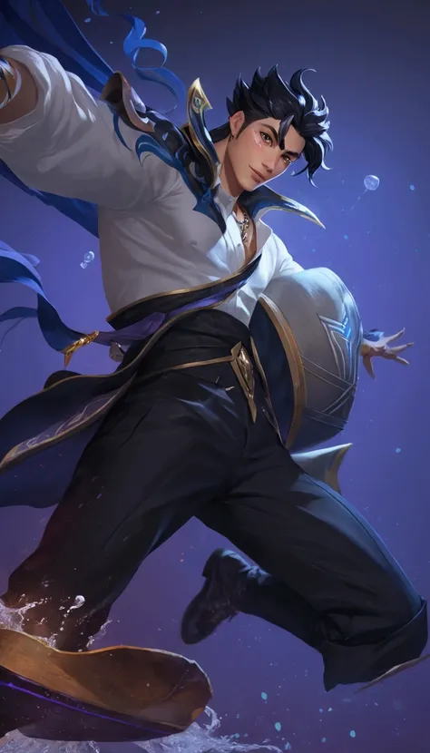 arafed image of a man in a white shirt and black pants, official splash art, tane skin, sylas, heise jinyao, leblanc, taliyah, zenra taliyah, iconic character splash art, character splash art, range murata and artgerm, kda, inspired by Huang Shen, inspired...