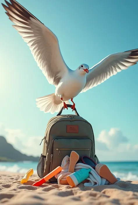 Generate a picture of a seagull flying away with an open backpack, by holding the handle. Items from vacation fall out of the backpack