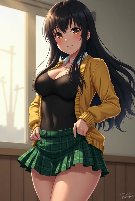 best quality, masterpiece, high resolution, 1 girl, Yuikotegawa, black hair, brown eyes, long hair, green skirt, plaid, plaid skirt, sainan high School Uniform, School Uniform, skirt, sweater vest, Yellow sweater, short sleeve, ~am, hyper ~am, huge ~am, bi...