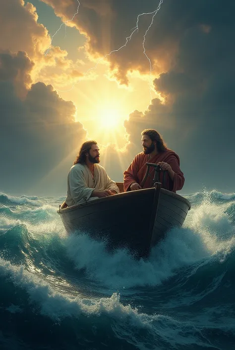 With a background of clouds shining with thunders and sun shining brightly on the sea where in a boat simon driving the boat with  Jesus and was frightened due to waves rising.