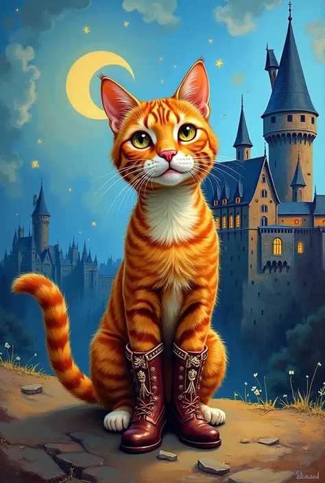 painting of a cat wearing boots, at hogwarts castle in the style of van gogh
