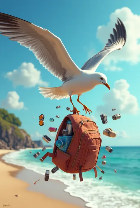 Generate a picture of a seagull flying away with an open backpack, by holding the handle, in the air . Items from vacation fall out of the backpack