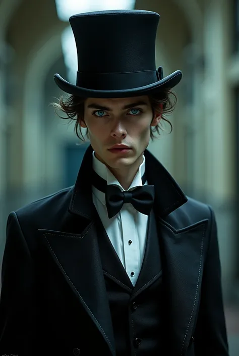 Young male, vampire, fous, charismatic, entrepreneur dun asile, Brown hair, dress well, wearing a fancy patterned top hat, veste de smoking, psychopathe, year 2000, 2 day beard, arched back, doctor, 1.60m, blue eyes, 50 kg