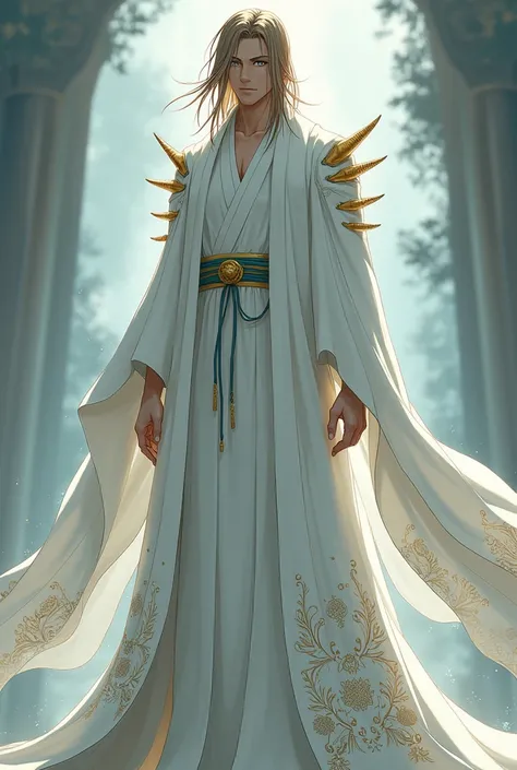 A tall man of about 2 with long light-light brown hair. His pale blue eyes are usually downcast., as if in respect. He wears a long white veil with spikes and flowers on the sides.. The man himself wears a white hanfu, on the hem of which are depicted draw...