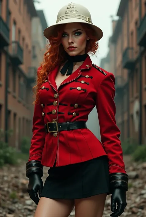 circa 1890s female bristish soldier. Wearing red victorian uniform with black miniskirt, and a white military pith helmet. Ruined city background. Red hair and green eyes, black eyeliner. Sexy pose.