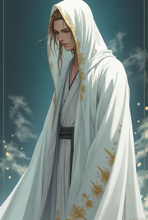 A tall man of about 2 with long light-light brown hair. His pale blue eyes are usually downcast., as if in respect. He wears a long white veil with spikes and flowers on the sides.. The man himself wears a white hanfu, on the hem of which are depicted draw...