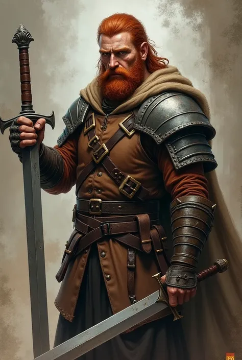 A red-haired man, with freckles, eyes browns, with leather armor, with a bronze belt, with a steel sword, with a leather bracelet, and a steel dagger