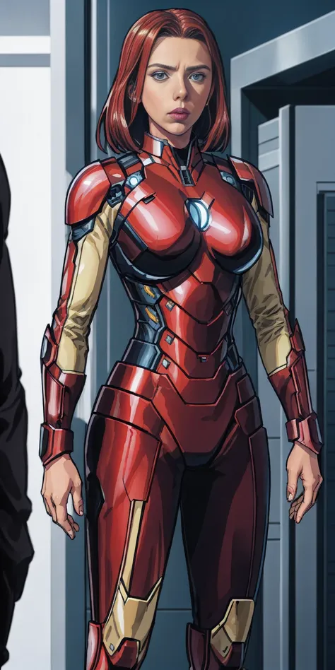 scarlett johansson in iron man armor: mark xlix rescue armor, detailed costume design