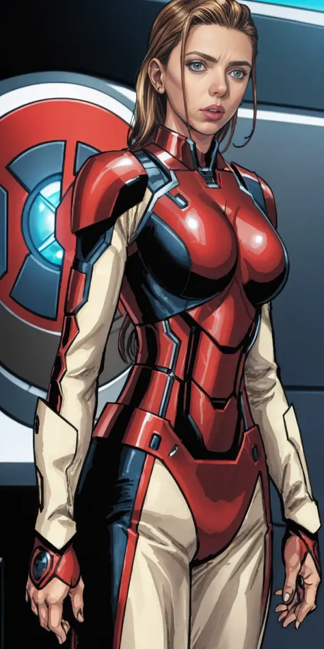 scarlett johansson in iron man armor: mark xlix rescue armor, detailed costume design