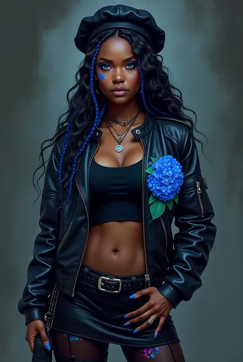 A drawing of a dark-skinned woman with blue eyes with a small tattoo of a blue hydrangea on her cheek and with blue goddess braids and loose black curls and a beret on her head.. She wears a black crop top with a leather jacket with a hydrangea with colorf...