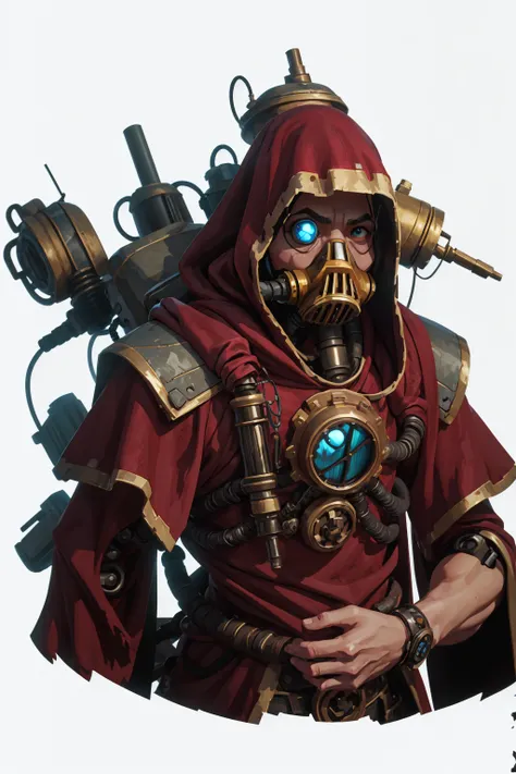 male techpriest in long red robe, gas mask, hunched, ugly, metal arms, robot eye, hood, backpack, mechanical arms, steampunk, ho...