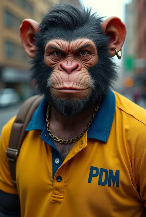 Young adult man with primate appearance with patchy beard, short hair, earring in ear, deep-set eyes, round nose, wearing yellow polo shirt with blue collar written on it "PDM" in the chest and a little fat