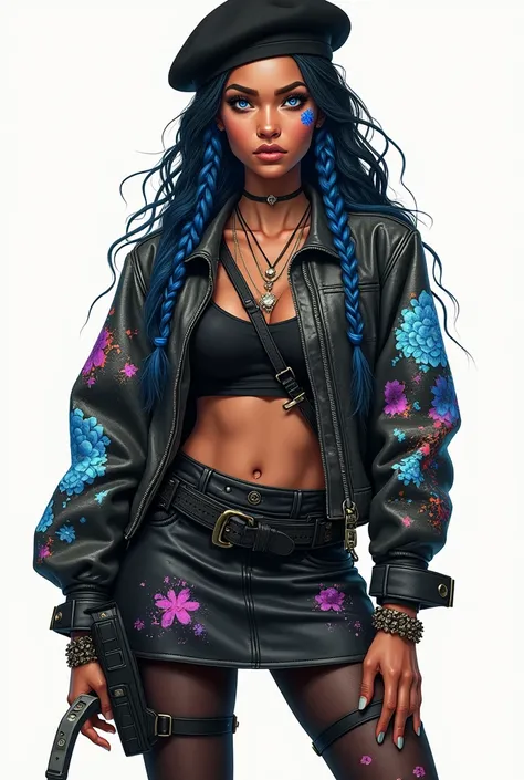 A drawing of a tanned woman with blue eyes with a small tattoo of a blue hydrangea on her cheek and with blue goddess braids and loose black curls and a beret on her head.. She wears a black crop top with a leather jacket with a hydrangea with colorful pai...