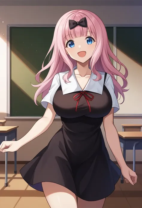 score_9, score_6_up, source_アニメ, 1girl, 独奏, classroom, cowboy shot, chika, Blue eyes, pink hair, hair bow, black bow, black dress, white sailor collar, neck ribbon, red ribbon, short sleeves, white shirt, smile, open mouth,Huge breasts 、Long chest