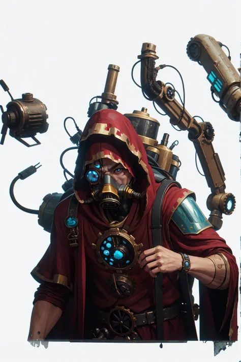 male techpriest in long red robe, gas mask, hunched, ugly, metal arms, robot eye, hood, backpack, mechanical arms, steampunk, ho...